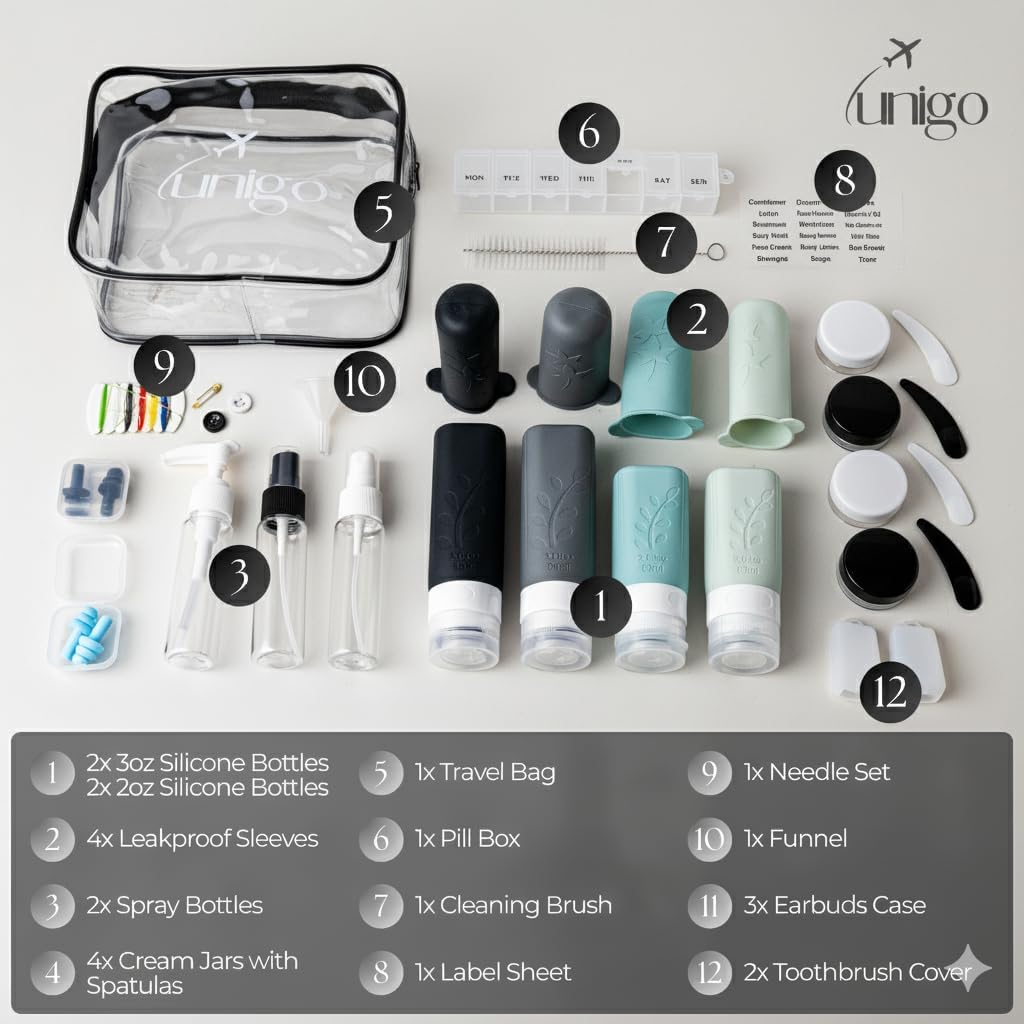 Unigo Travel Bottles Set - 30 Pack Leakproof Refillable Toiletry Containers | TSA Approved with Labels & Brushes