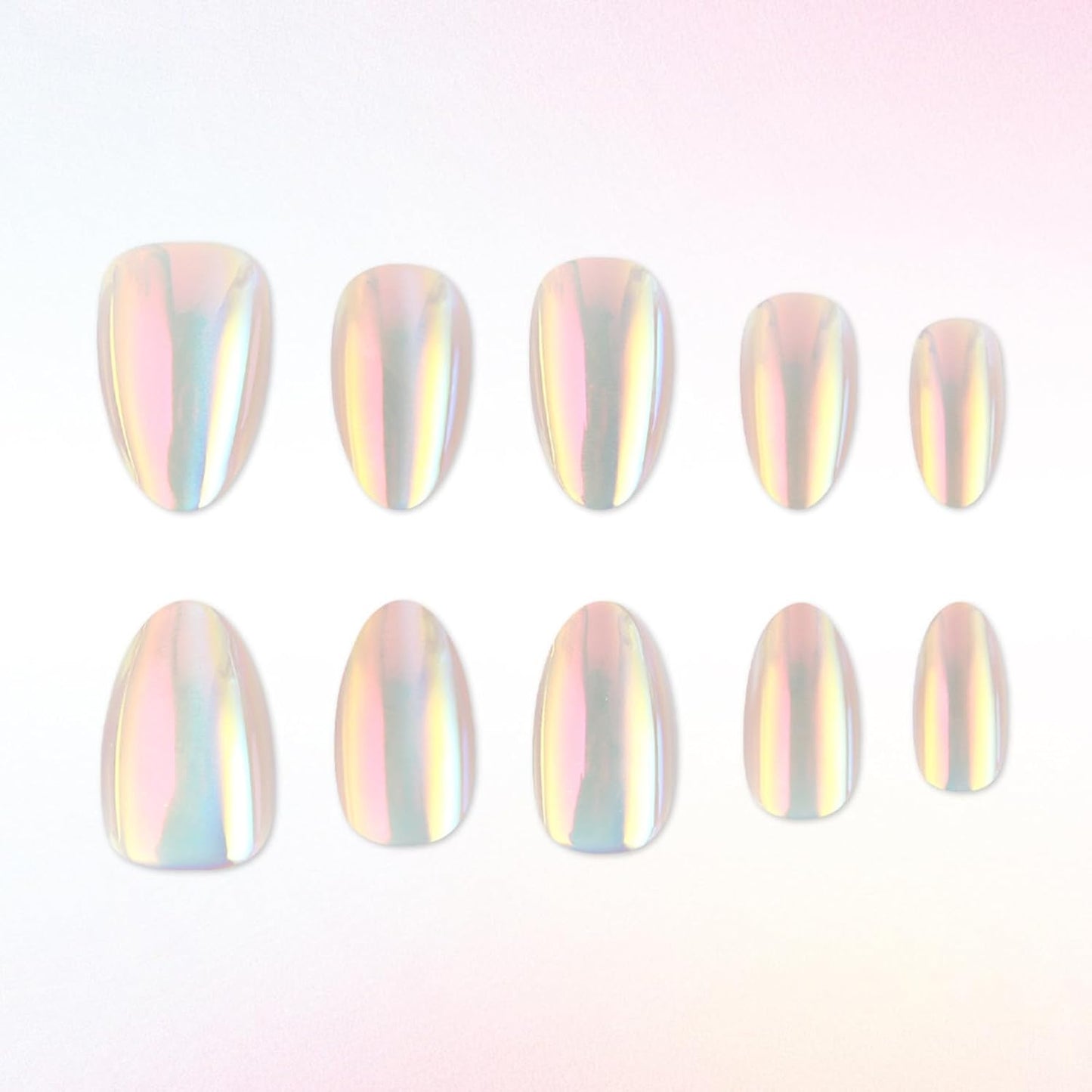 Skiennix Short Almond Press-On Nails - Chrome Metal Mirror Design | 32 Pcs Glossy Full Cover Acrylics
