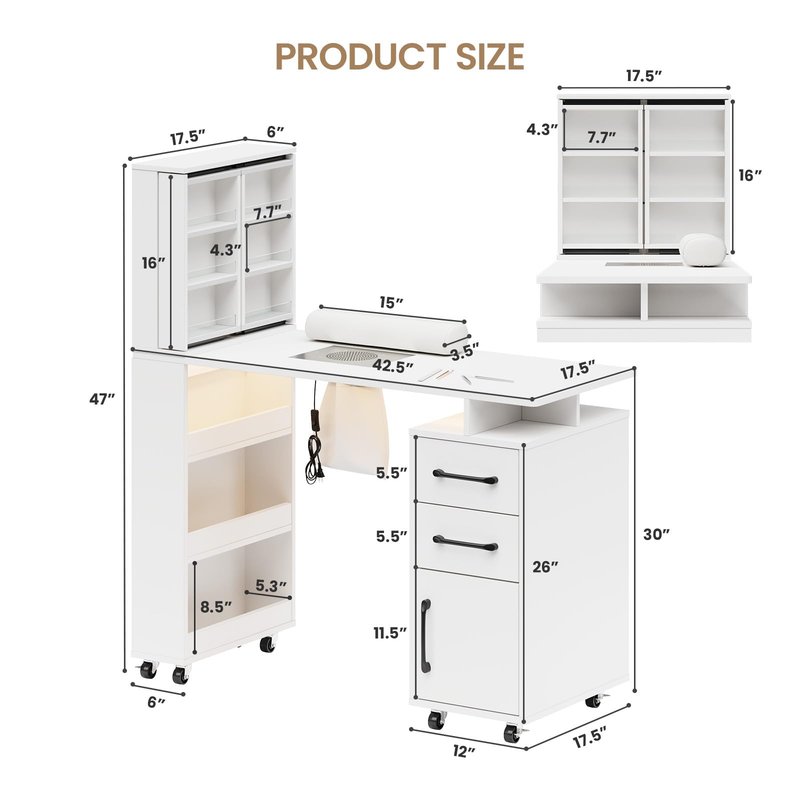 HolaiNail Manicure Table with Extendable Polish Cabinet, Nail Desk with LED Light, Dust Collector, Wrist Rest, Lockable Wheels, Beauty Salon Station Home Nail Tech, White