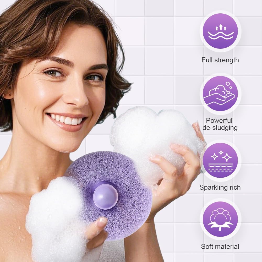 Super Soft Sunflower Suction Cup Bath Ball, 2025 Upgraded Bath Sponge Cleaning Brush Exfoliating Bath Sponge Cleaning Brush, Multi-color Mesh Pouf Sponge Mesh Shower Ball for Women, Men Shower (4 Pcs)