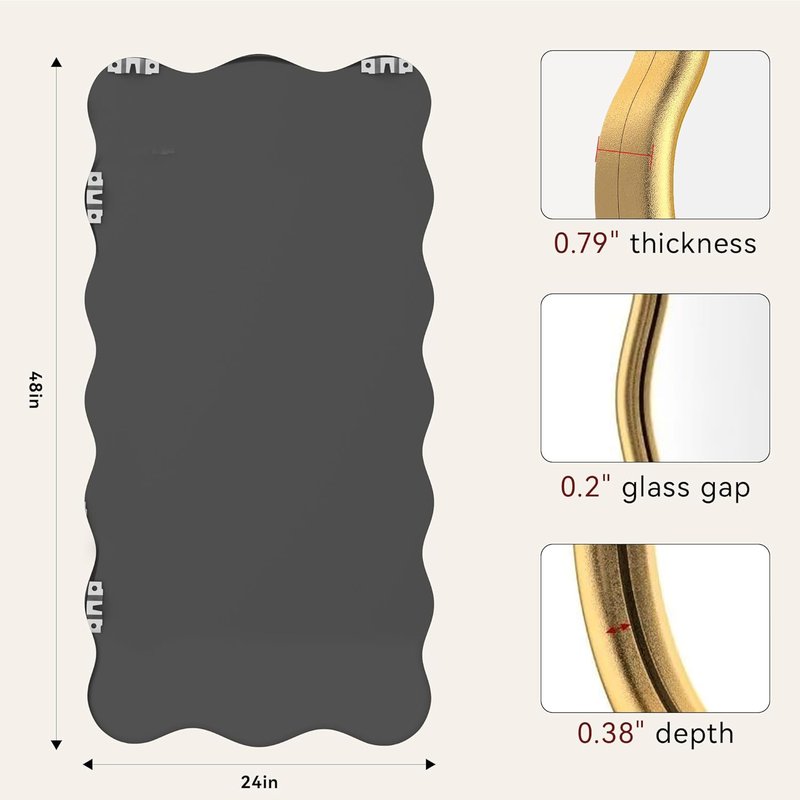 PROHOMEWARE Gold Bathroom Mirror - Wavy Rectangular Wall-Mounted Vanity Mirror | 24" x 48" for Bedroom, Entryway, Living Room