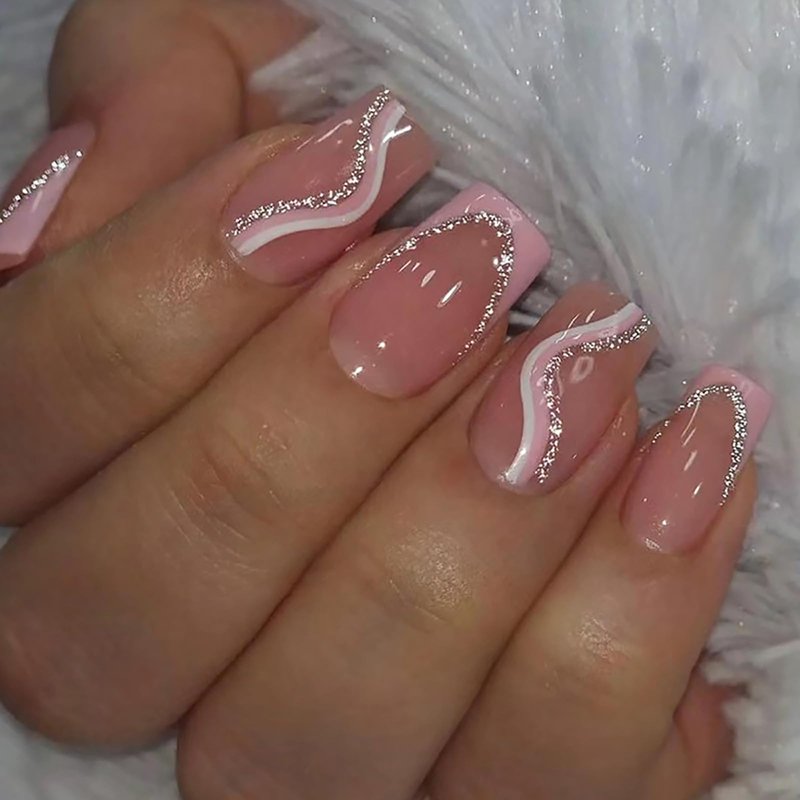 6 Packs (144 Pcs) Press on Nails Medium - Jsiallye Pink Gradient Press on Nails Square Coffin, Glue on with Nail in 12 Sizes - 24 Fake Nails Kit, French Tip Stick on Nails for Women