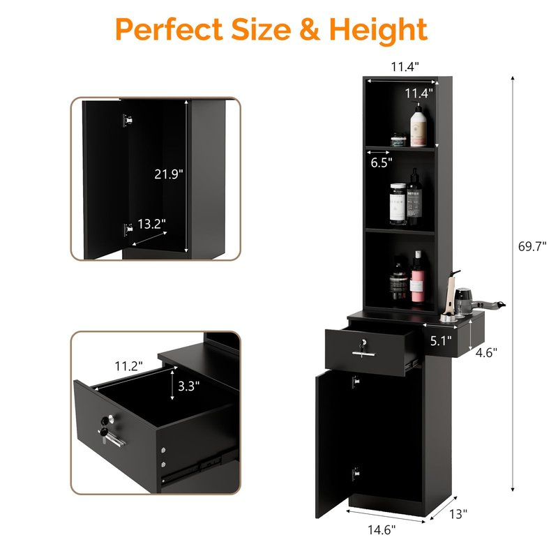 OmySalon Salon Hair Styling Station, Barber Salon Equipment with a 3-Tier Storage Shelf, 1 Drawer, a Large Storage Cabinet and 3 Hair Dryer Holders, Black