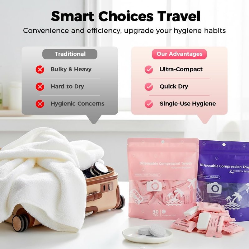 Compressed Face Towels - Ultra Soft Portable Washcloth Tablets for Travel | Pink, 30pcs