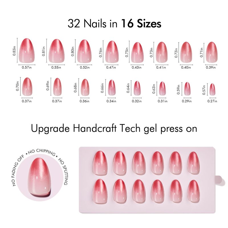 Press On Nails Short Almond | Pink Cat Eye Ombre Fake Nails Kit - 32 Pcs, UV Curable & Reusable