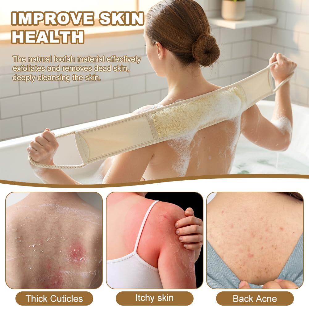 Natural Loofah Shower Back Scrubber Set, luffa Exfoliating Bath Strap, Back exfoliator for Shower, Textured Body Scrubber for Men and Women, with Hooks