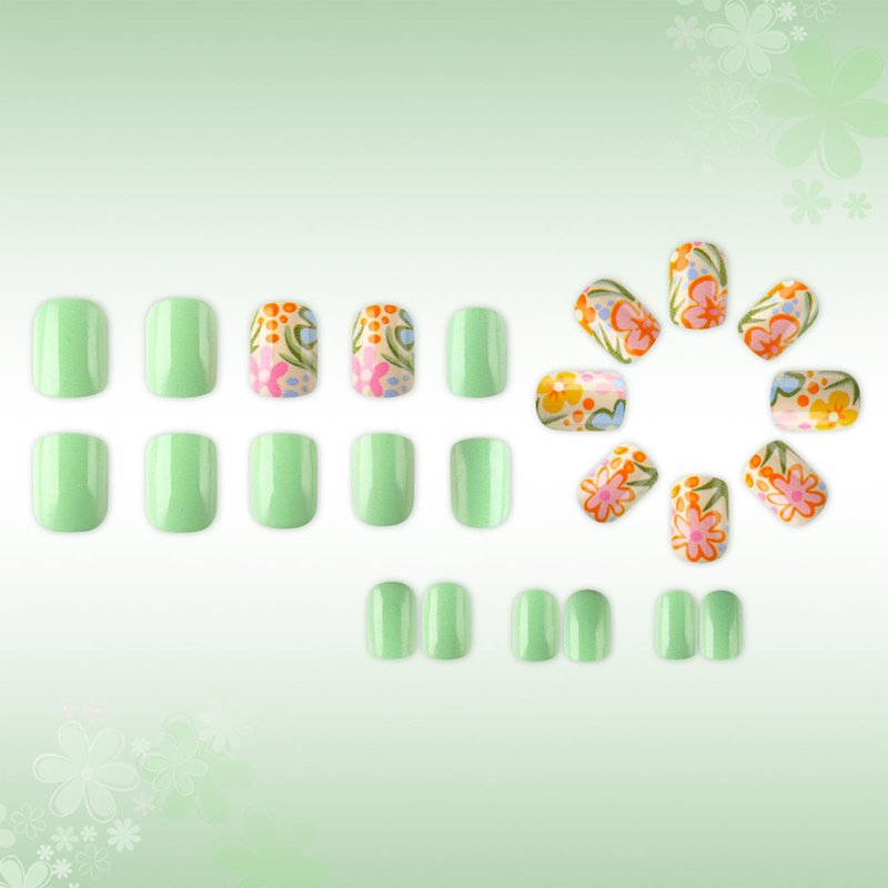 Sage Green Press on Nails Short Square Fake Nails with Cute Flowers Design Spring Summer False Nails Press ons Glossy Stick on Nail Reusable Artificial Glue on Nails for Women 24Pcs