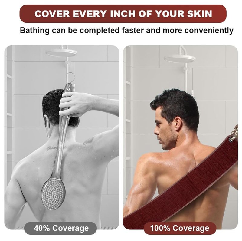 Exfoliating Back Scrubber for Shower, 37 Inches Back Washer with Handles, Soft Shower Bath Scrub, Double-Side Use Exfoliate Washcloth Bath Tool to Scrub Your Body Deeply (Coffee Brown)