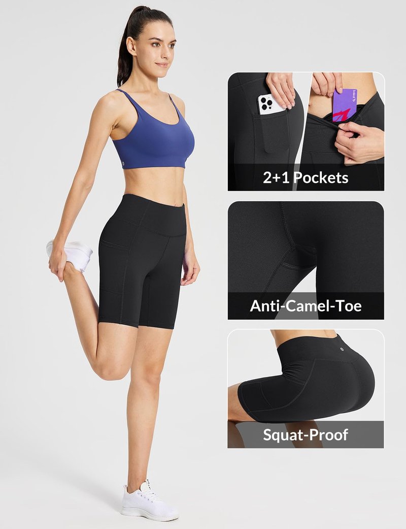 baleaf Biker Shorts for Women Workout Yoga Gym Spandex Running Volleyball Tummy Control Compression with Pockets 8" Black L