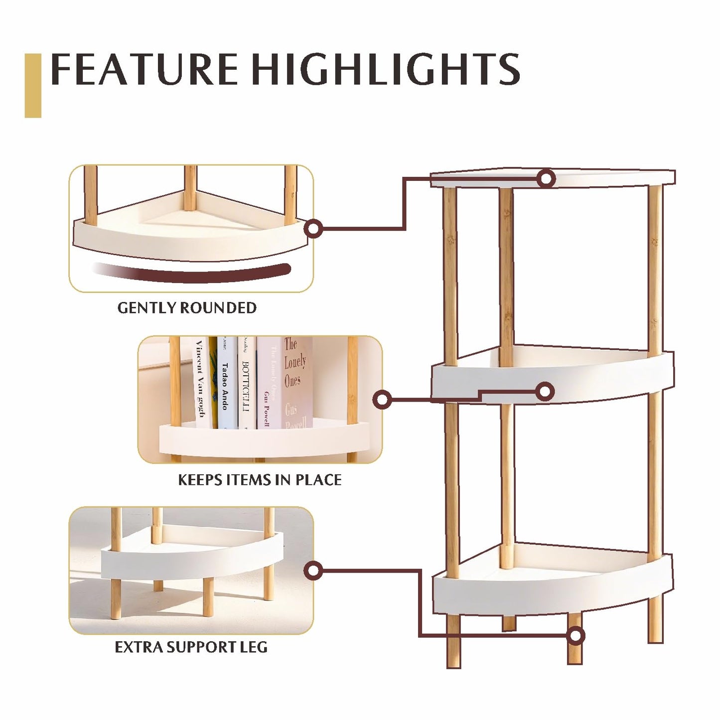 WSLUKVII 3-Tier Bamboo Corner Shelf - No Screws, Twist & Lock Assembly in 5 Mins, 5-Layer Lacquer Finish, Sturdy & Anti-Tip Design for Kitchen, Bathroom, Living Room, Easy to Clean