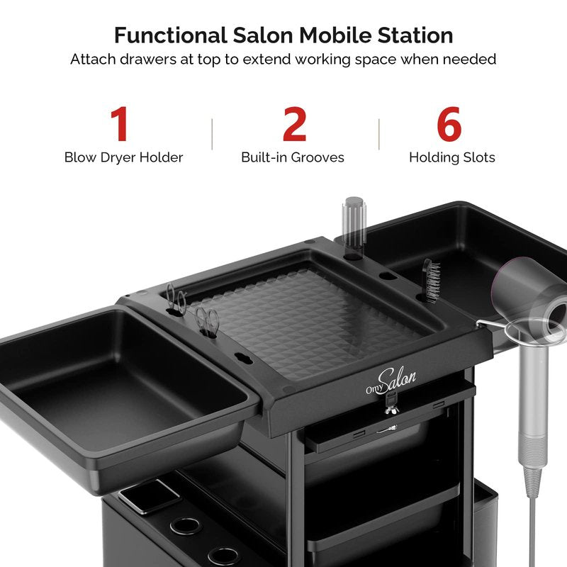 OmySalon Salon Trolley with Lock 6 Drawers, Hot Tools Holder, Hair Cart Organizer w/Wheels, Salon Rolling Cart for Barber Hairdresser Cosmetology Lockable Stylist Storage Station