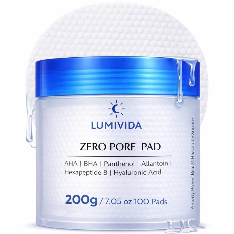 LUMIVIDA Zero Pore Pad Exfoliating Toner Pads with AHA, BHA, Panthenol, Allantoin, Hexapeptide-8, Hyaluronic Acid for Pore Control and Barrier Repair, 100 Pads, 7.05 oz