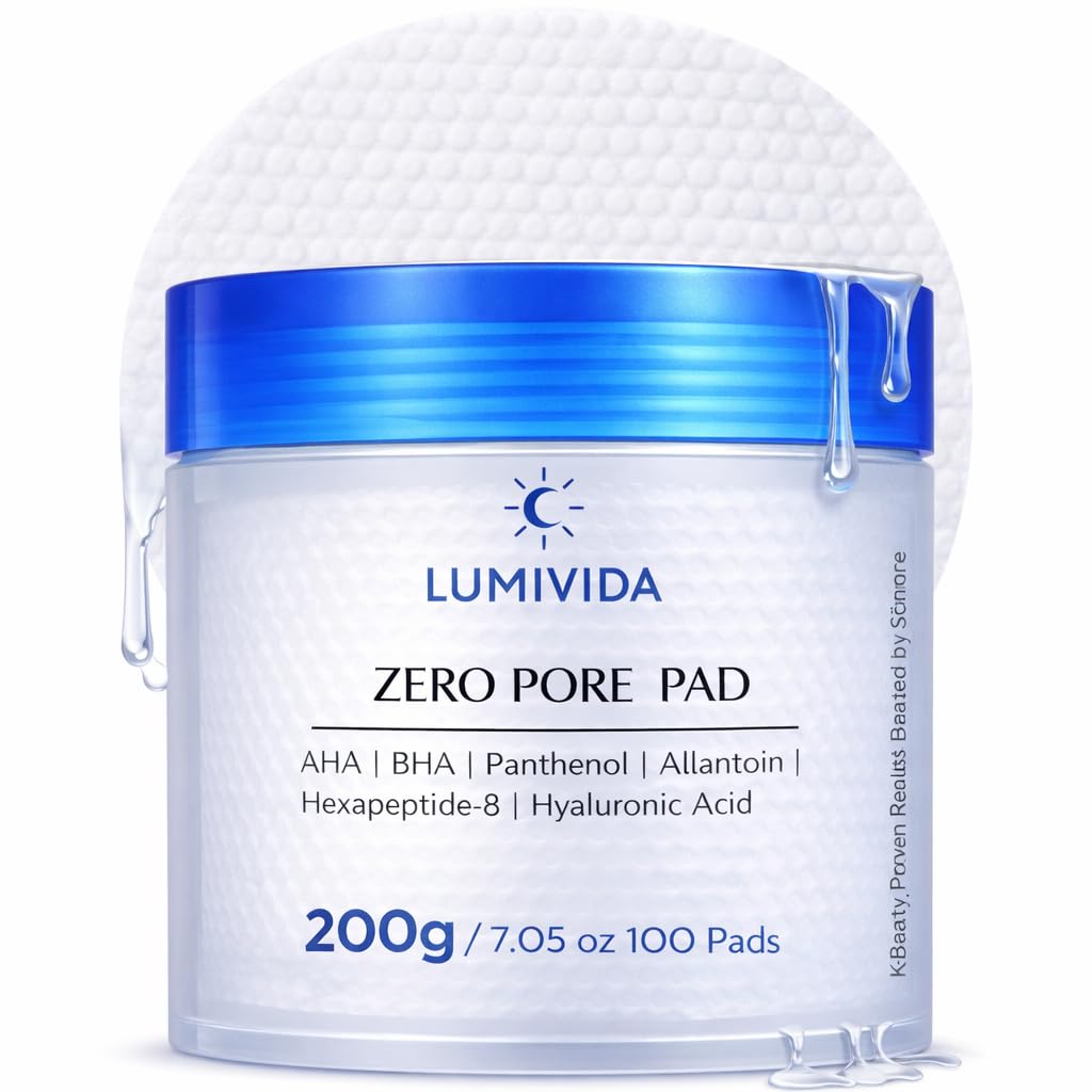 LUMIVIDA Zero Pore Pad Exfoliating Toner Pads with AHA, BHA, Panthenol, Allantoin, Hexapeptide-8, Hyaluronic Acid for Pore Control and Barrier Repair, 100 Pads, 7.05 oz