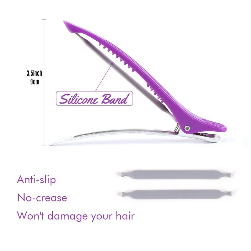12 PCS No Crease Hair Sectioning Clips with Silicone Band - Duck Billed Professional Salon Clips for Hairstyling, Cutting, and Makeup