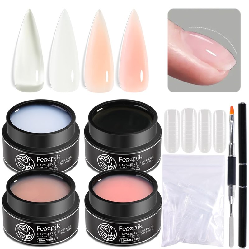 Fcozpjk Builder Gel for Nails, 4 Colors Thickening Builder Nail Gel Clear Milky White Nude Pink Nail Strengthener Gels Kit with Brush Pen Soak Off UV Polish Nail Extension Manicure Supplies