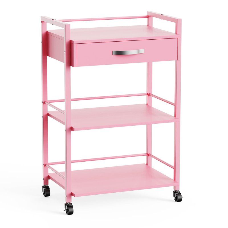 Salon Trolley Cart for Beauty SPA, Wooden Rolling Storage Station, Mobile Utility Cabinet with 1 Drawer 2 Trays, Medical Esthetic Supply Holder for Massage Tattoo Facials, Pink