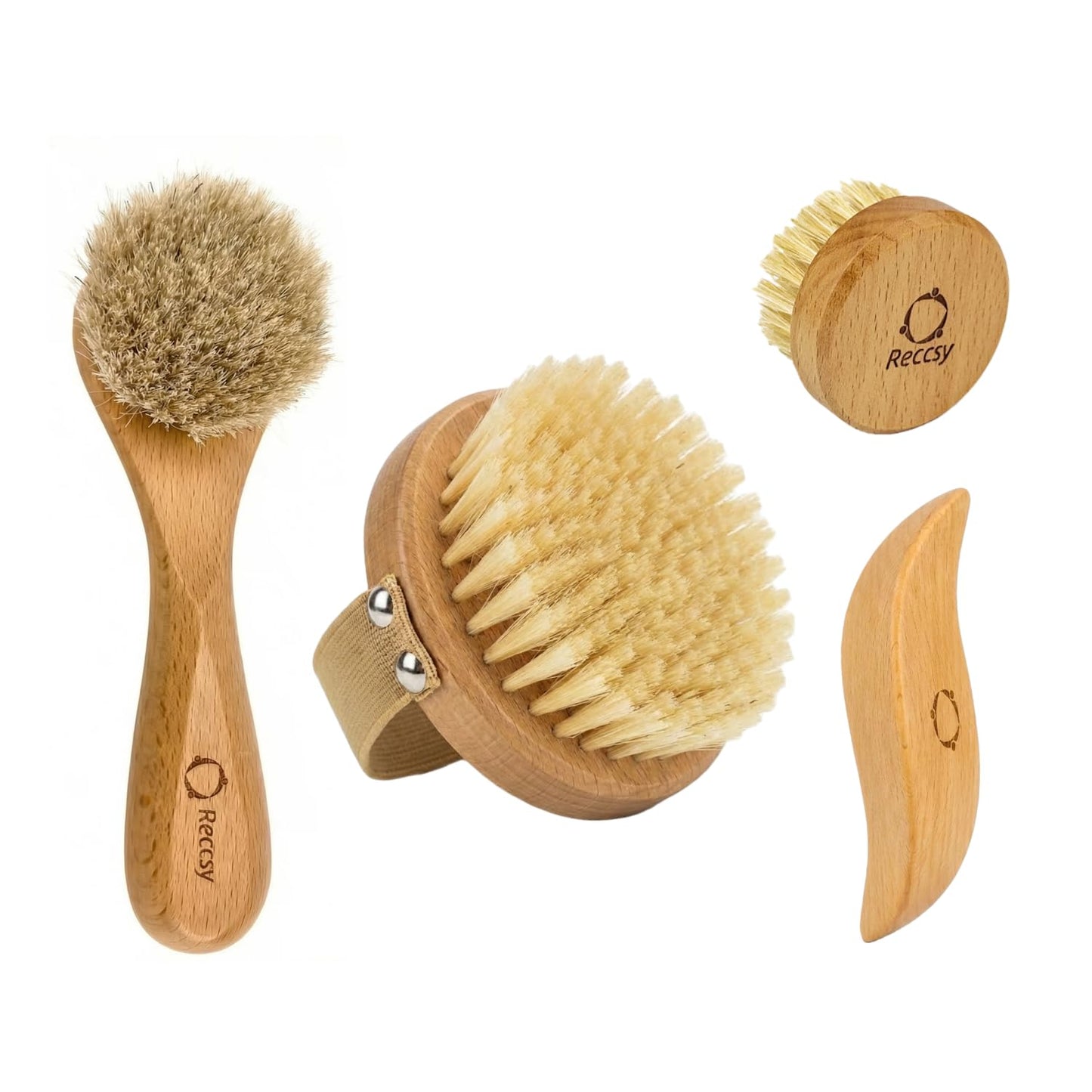 4pcs Dry Brushing Body Brush Set for Lymphatic Drainage-Natural Bristle Dry Skin Brush +Facial Dry Brush for Face+Dry Skin Exfoliating Scrubber+Wood Therapy Massage Tool. Gua Sha, Anti-Cellulite.