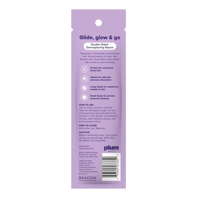 Plum Beauty Double-Sided Dermaplaning Razors (4-Pack) – Dual-Blade Facial Razors for Women - Precision & Large Blades for Brows, Upper Lip, & Cheeks - Peach Fuzz Remover & Exfoliating Face Tool