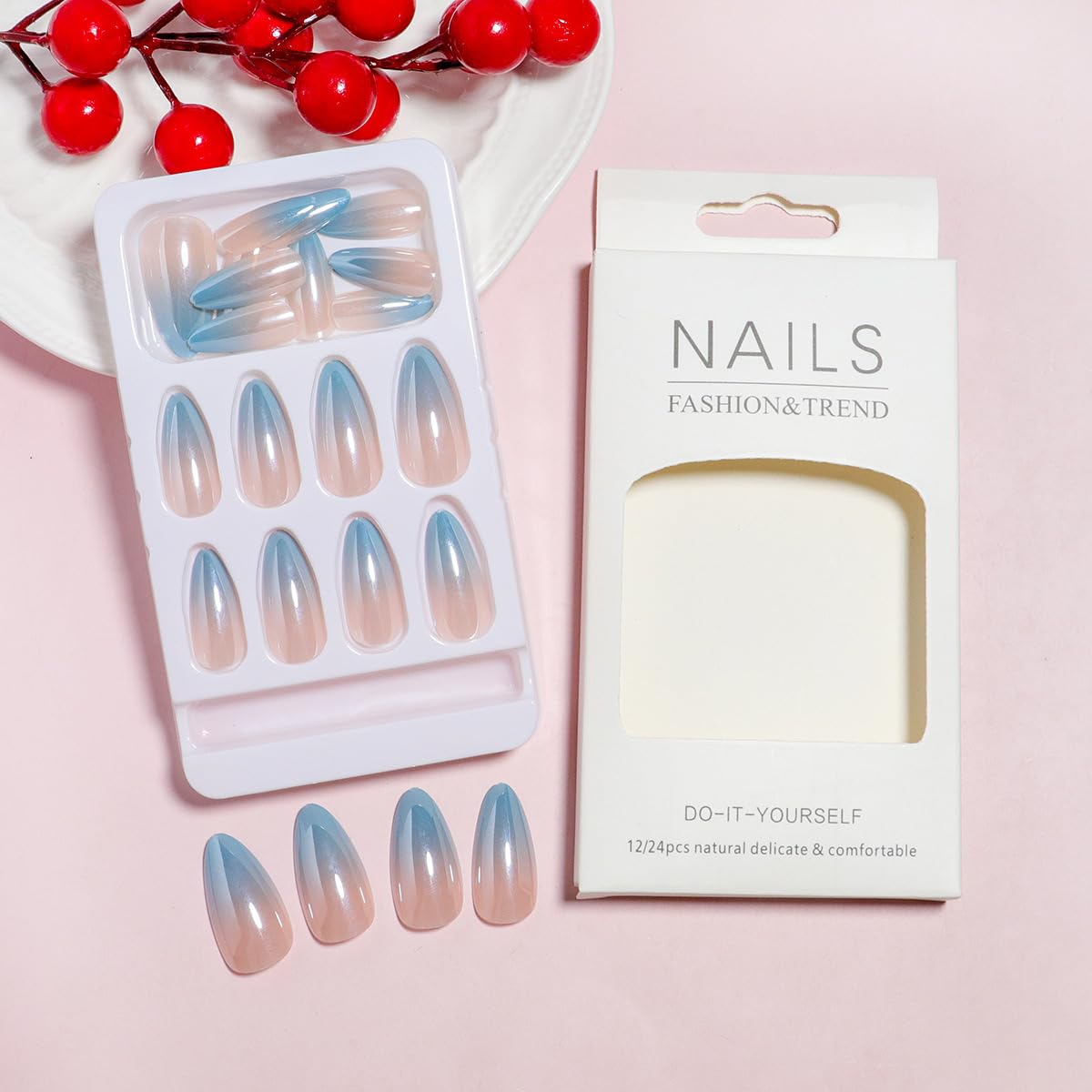 TOGZOM Almond Press on Nails Medium Blue Ombre Fake Nails Chrome Mirror Acrylic Nails Glossy Shiny False Nails Gradation Glue on Nails Artificial Stick on Nails for Women Manicure 24Pcs, Style9