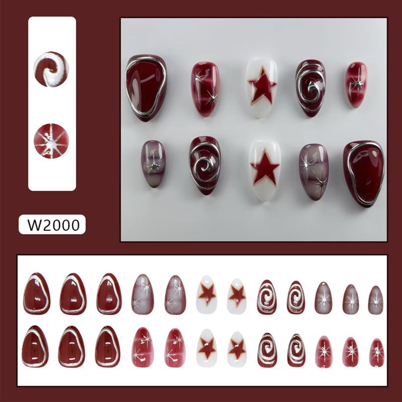 24Pcs Short Almond Press On Nails Patriotic Red Star Fake Nails with Silver Chrome Swirl Lines Designs Y2K Acrylic False Nails Glossy Full Cover Independence Day Stick On Nails for Women DIY Manicure
