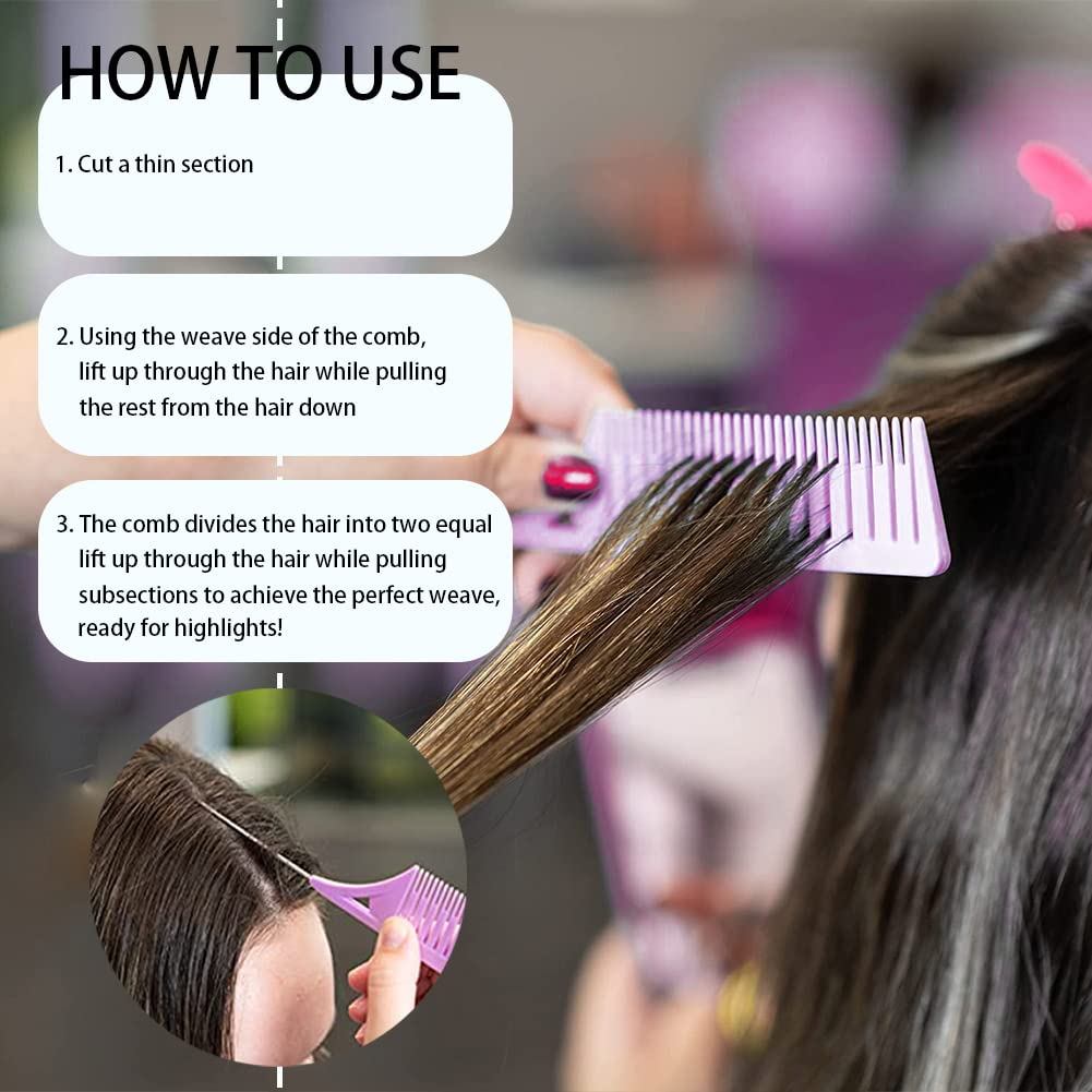 SKYPIA 3 Piece Professional Dyeing Hair Comb Set, Highlight Combs for Hair Stylist Weaving Styling Brush Set with Long Stainless Steel Rat Tail Stylist Combs, Purple & Pink