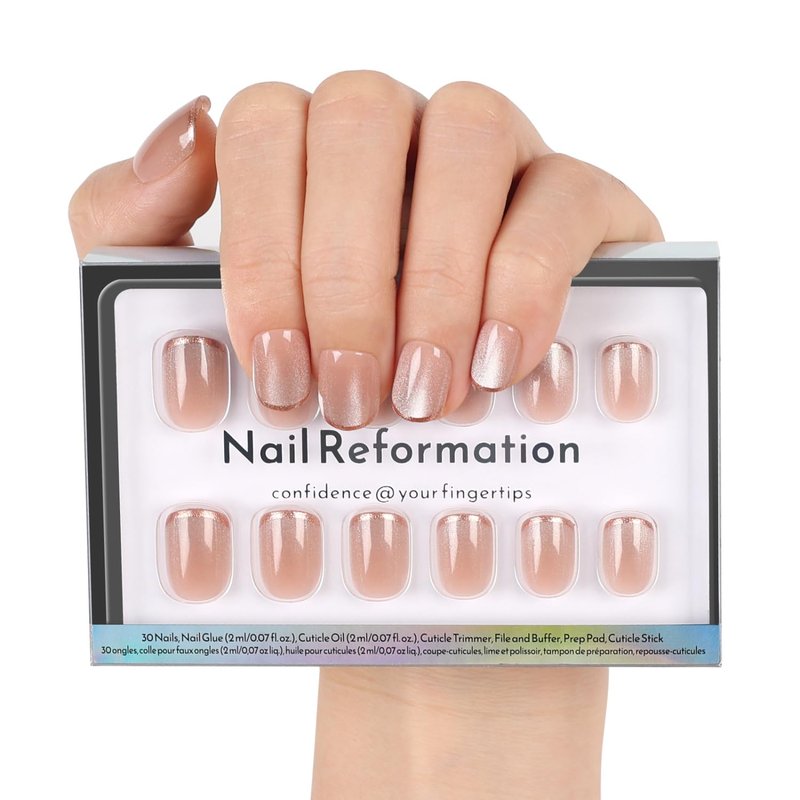 Nail Reformation Press On Nails, Shimmer Bright | Short Square Fake Nails in Brown French Tip on Neutral Base in Velvet Finish, Reusable Stick On Nails in 15 Sizes - 30 False Nail Kit for Women Gifts