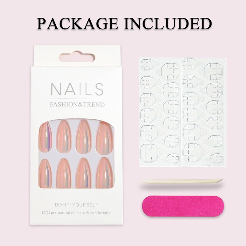 24Pcs Chrome Press-On Nails - Medium Almond Pink Aurora Glossy Full Cover Acrylic Nail Tips for Quick Manicure