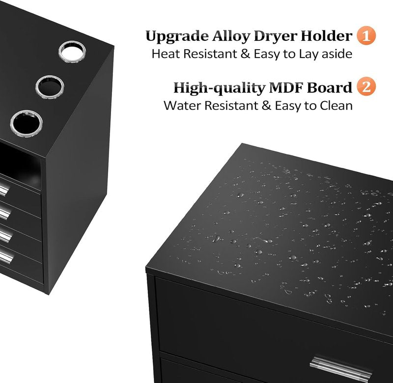 OmySalon Free Standing Salon Station - Barber Styling Cabinet with 5 Drawers & 3 Dryer Holders | Black