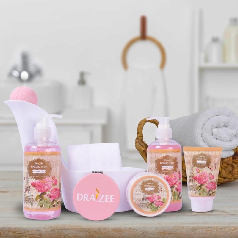 Mother’s Day Gift Baskets for Women, 8 Pc British Rose Spa Gift Set, Heel Shoe Bath Basket, Luxury Self Care Kit for Mom, Relaxing Bath and Body Set, Home Spa Gifts for Her by Draizee