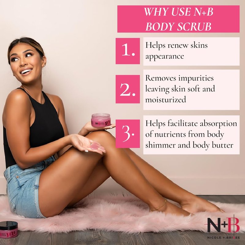 N+B Sugar Body Scrub | Invigorates and Brightens Skin | Oil Free | Removes Impurities Leaving Skin Soft and Moisturized | Formulated with Pomegranate Seed Extract and Agave | Made in the USA | 9.5oz