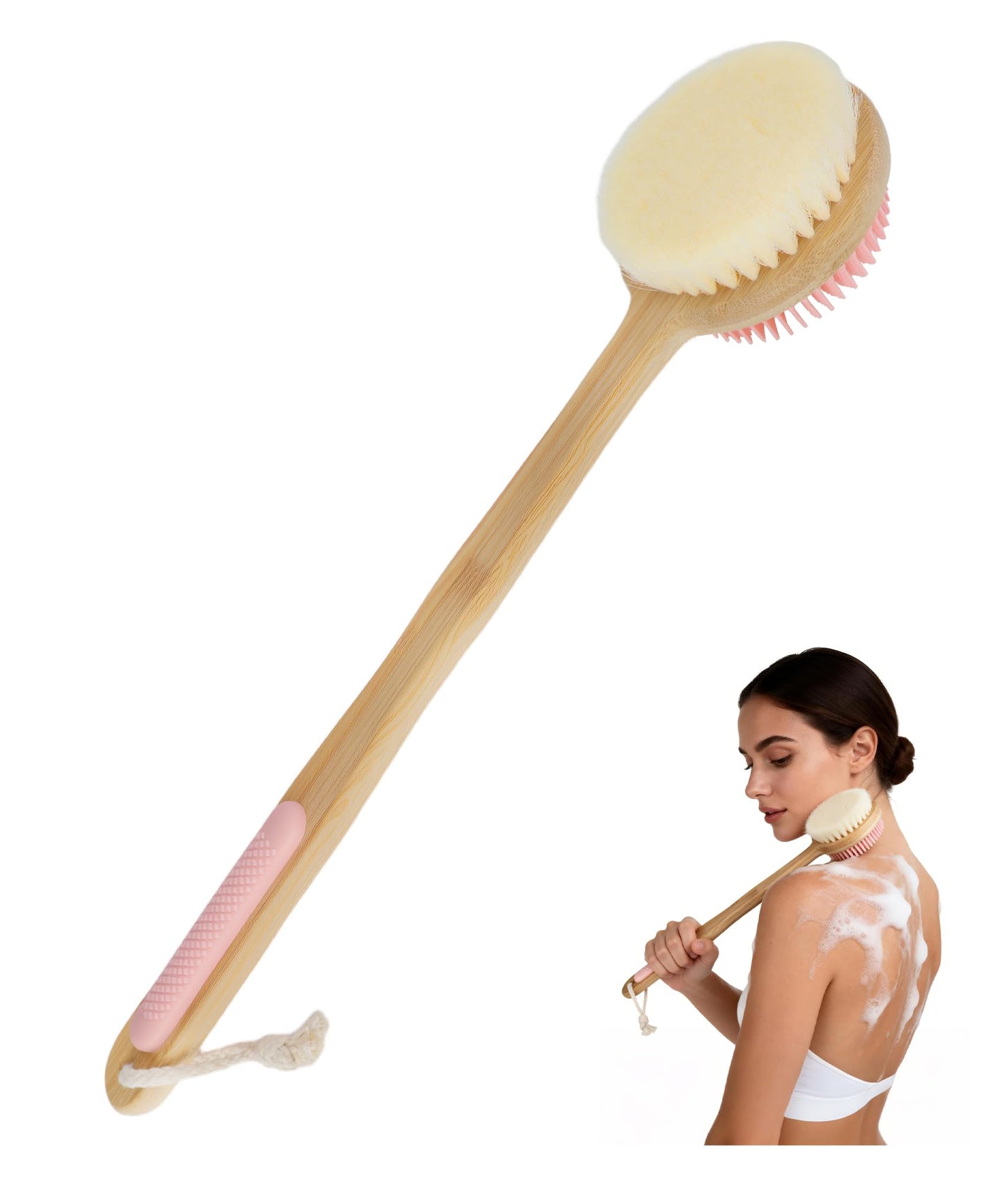 EaTubano Back Scrubber for Shower - Double-Sided Silicone and Super-Dense Bristles for Deep Cleaning & Exfoliation, Bamboo Long Handle with Wider Anti-Slip Grip, Rich Foam, Durable (Pink)