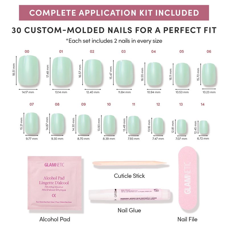 Glamnetic Press On Nails - Mint Green Glazed Short Squoval | 30 Nail Kit with Glue, 15 Sizes Available