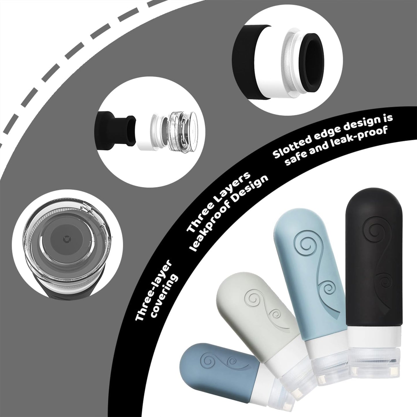 Travel Bottles Set - 16 Pack TSA Approved Silicone Containers | Leak-Proof 2oz & 3oz for Shampoo, Conditioner, Lotion, Body Wash - Black
