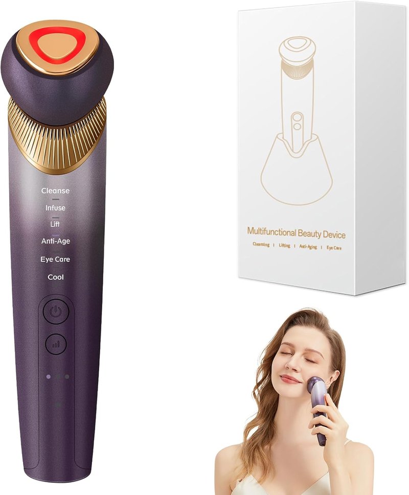 6-in-1 Age-Defying Skin Care Tool - Eye, Face & Neck Lift with 5-Color Light Therapy | Microcurrent, Vibration, Heat & Cooling (Purple)