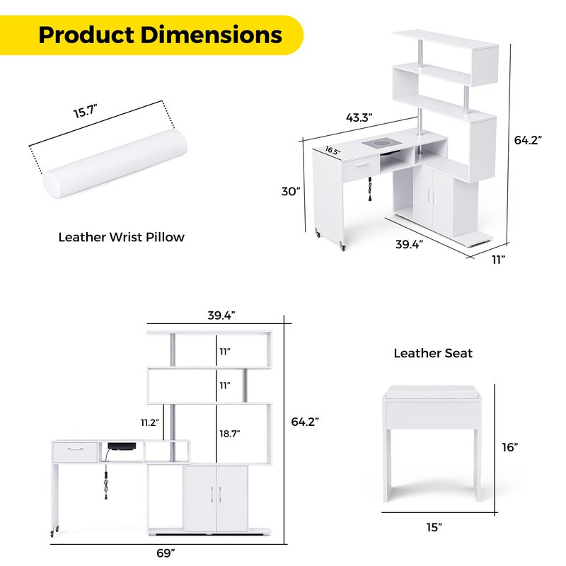 Kikihouse Manicure Table Nail Desk with Dust Collector, L-Shaped Nail Tech Desk with Stool, Two-Way Drawer, Cabinet & Storage Shelves, Rotating Reversible Manicure Workstation on Wheels (White)