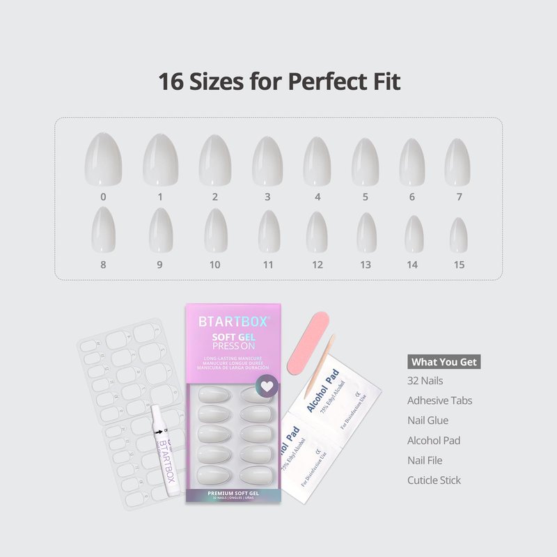 BTArtbox White Press On Nails Short - Soft Gel Press on Nails Almond, White Glue on Nails with Nail Glue, Reusable Stick on Nails in 16 Sizes, Cream Puff