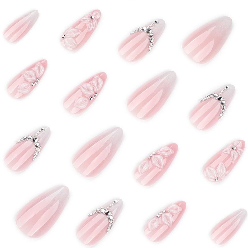Almond Press on Nails Medium MABKJLF French Tip Fake Nails Ombre Handmade False Nails with 3D Floral Rhinestones Designs White Glossy Glue on Nail Elegant Acrylic Nails for Women Girls 24Pcs