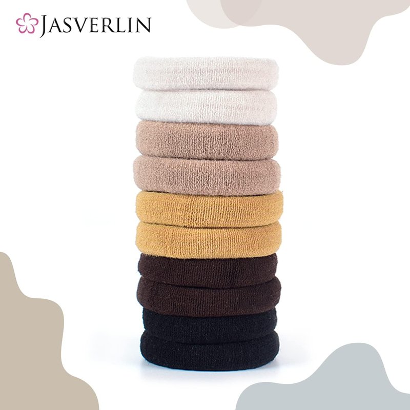 JASVERLIN 100 pcs Seamless Cotton Hair Ties, Thick Hair Elastic Bands Soft No Damage Ponytail Holders for Women Girl 1.5 inch (5 Colors)