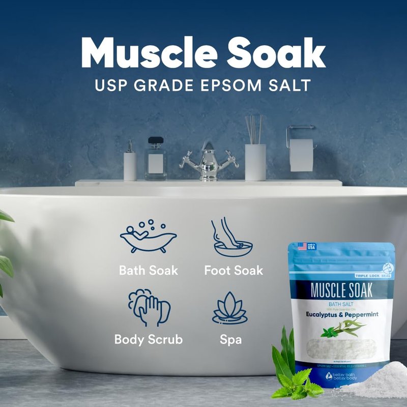 Muscle Soak Bath Salt 128 Ounces Epsom Salt with Natural Peppermint and Eucalyptus Essential Oils Plus Vitamin C in BPA Free Pouch with Easy Press-Lock Seal
