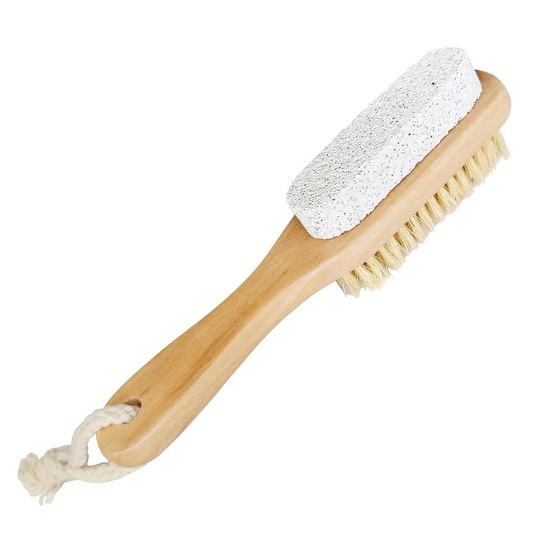 1Pc Foot Natural Bristle Brush & Pumice Stone Combo,Double Side with Pumice Stone and Bristle Brush Heel Scraper Pedicure File Removes Dead Skin with Rope Wooden Handle