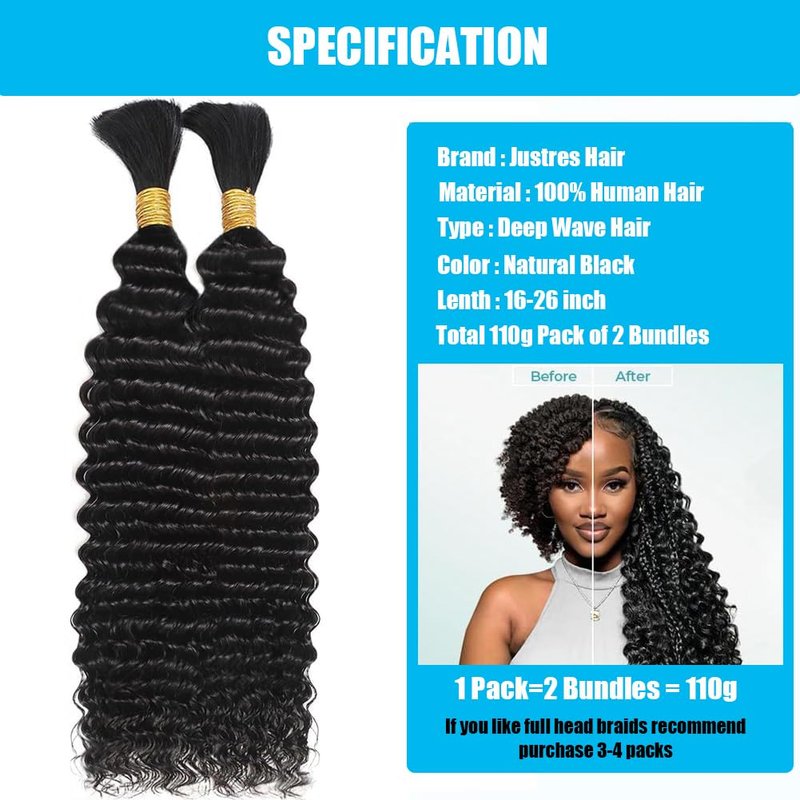 Human Braiding Hair Boho Braids Human Hair 110g 18 Inch Deep Water Wave Bulk Human Hair for Braiding No Weft Bundle 12A Brazilian Virgin Curly Hair Extensions Wet and Wavy Human Braiding Hair