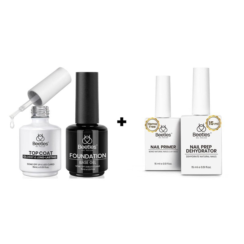 Beetles 2Pcs 15ml Base and Top Coat Set - Upgrade No Wipe Extra Glossy Gel Top Coat Finish & 15ml Nail Dehydrator and Primer - Acid Free & Hema-Free Natural Prep Dehydrate and Bond Primer