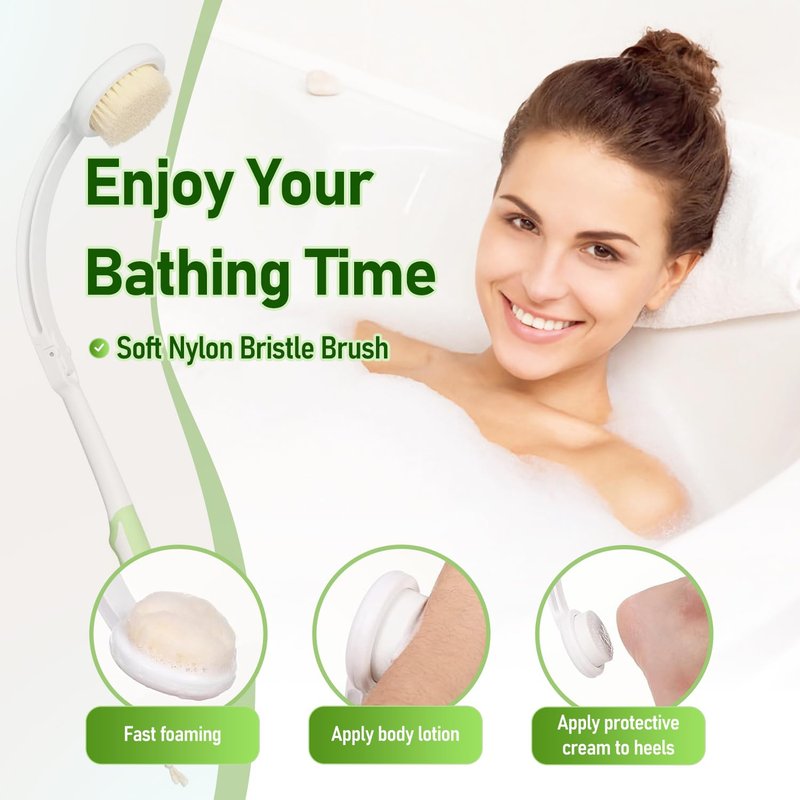 Fanwer 3 in 1 Lotion Applicator for Back Self Elderly & Back Bath Brush for Shower for Men and Women with Long Handle, 18.9in Curved Long Handled Shower Body Brush, Back Scrubber for Shower