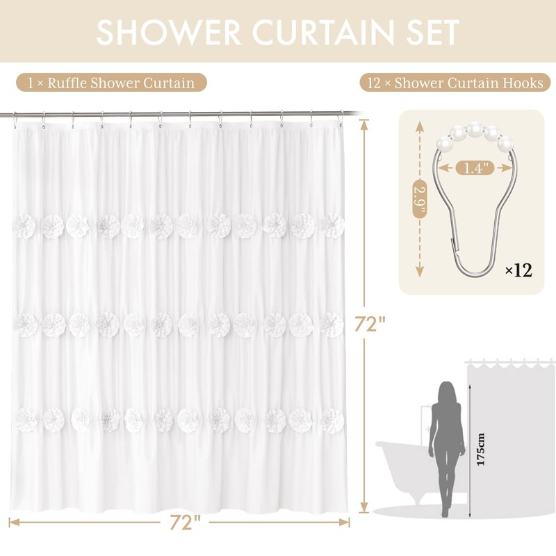 AmazerBath White Ruffle Shower Curtain, 72 x 72 Inches Vintage Boho Farmhouse Floral Ruffled Bath Fabric, Elegant Shower Curtain for Bathroom