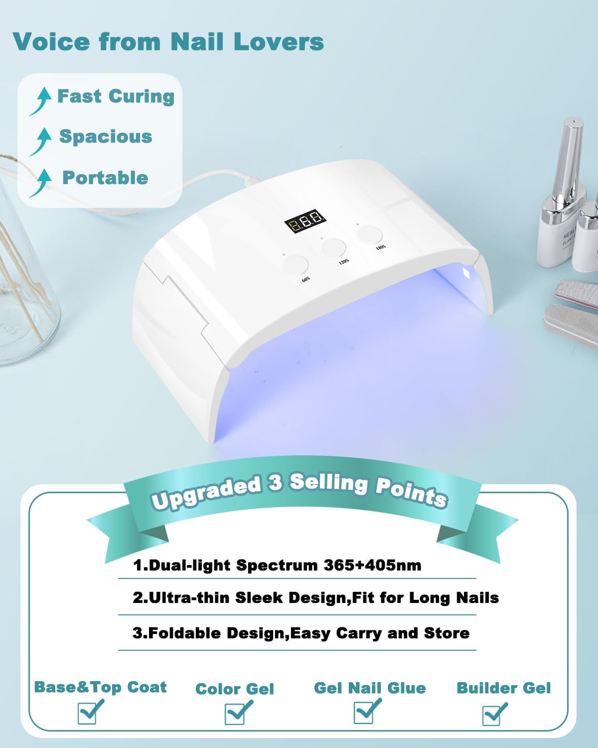 Skiennix UV LED Nail Lamp - Spacious Foldable Curing Light Dryer for Gel Nails | White