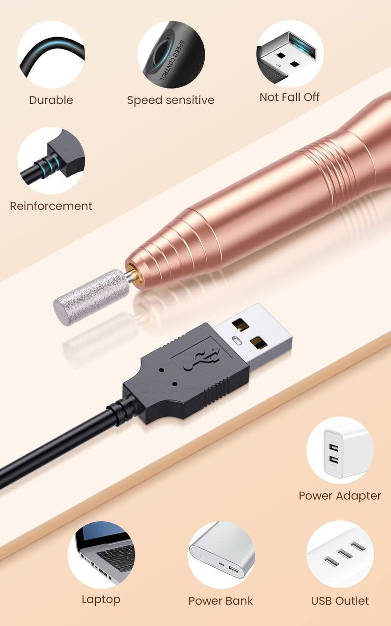 Professional Acrylic Nail Drill, USB Electric Nail Drill Machine, Portable Electrical Nail File Kit for Gel Nails and Home Salon, Manicure Pedicure Polishing Shape Tools, Gold