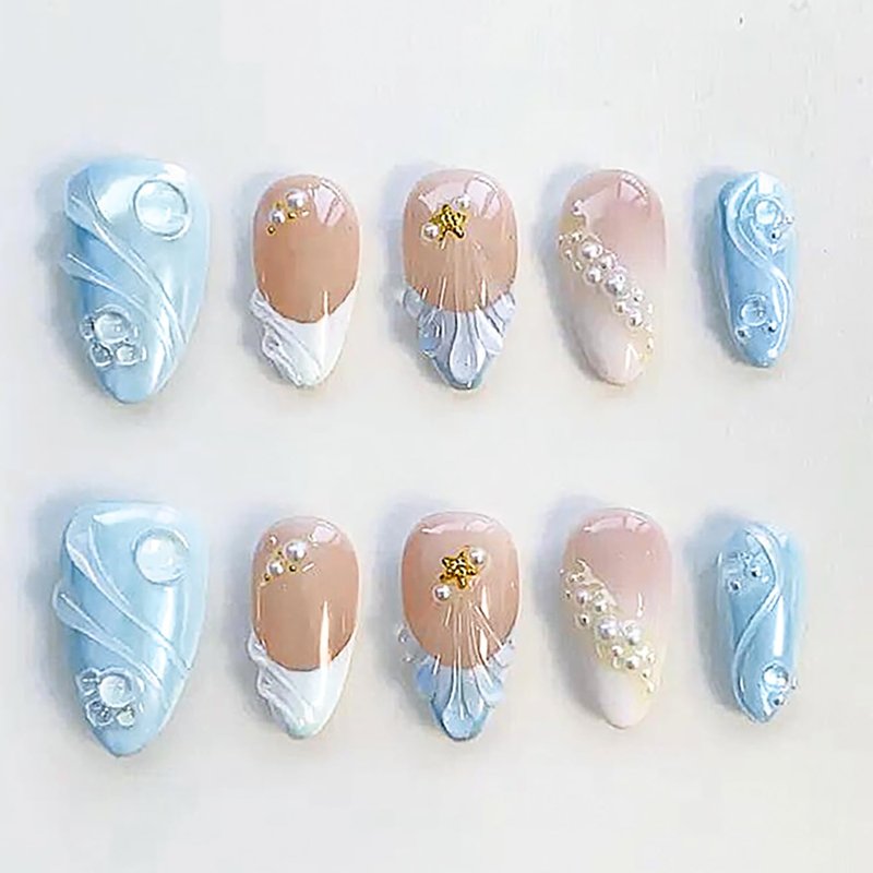 Blue French Tip Press On Nails Almond Shape Fake Nails with 3D Wave & Pearl Design, Glossy Summer Acrylic Nails for Beach, Vacation, Party & Daily Wear (30 PCS)