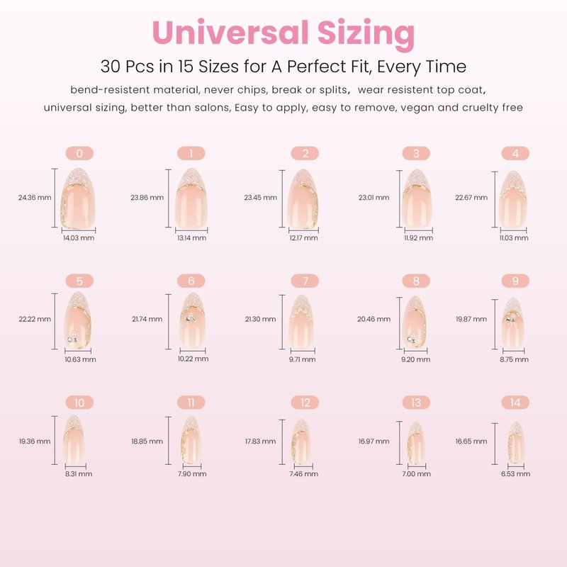 Nail Reformation Press On Nails, French Tip Nude Medium Almond Fake Nails with Pearl & Sparkling Gems in Glossy Finish, Salon Quality, Reusable Stick On Nails in 15 Sizes - 30 Nail Kit for Women Gifts