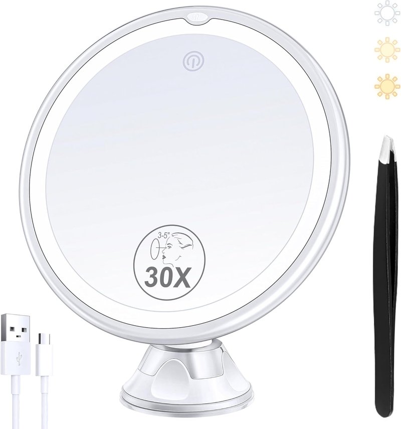 Lighted Makeup Mirror - 30X Magnification with Adjustable Brightness | 3 Color Modes, 360° Swivel Design, Suction Cup