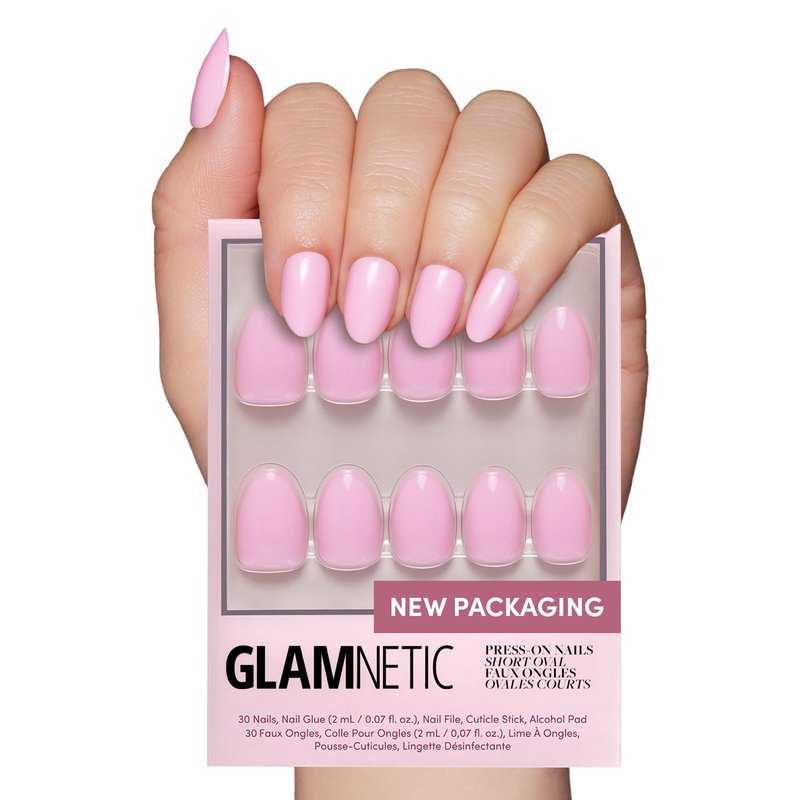 Glamnetic Press On Nails - Think Pink | Salon Quality Light Pastel Pink Short Oval Nails | 30 Nail Kit with Glue, 15 Sizes